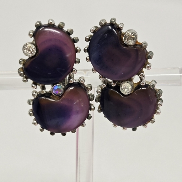 VINTAGE CORO SET OF 4 CLIP ON SCREW BACK EARRINGS PURPLE SILVER WOMEN JEWELRY - Picture 7 of 14